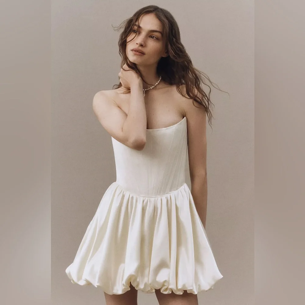 Strapless Cream Mini Dress with Bubble Hem - Picture 5 of 7